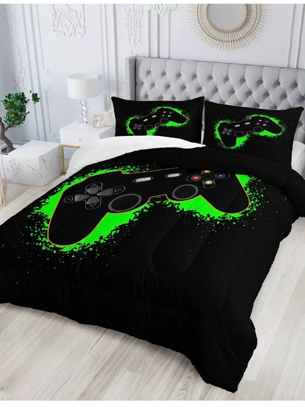 Twin Gaming Controller Comforter Set - Black & Green